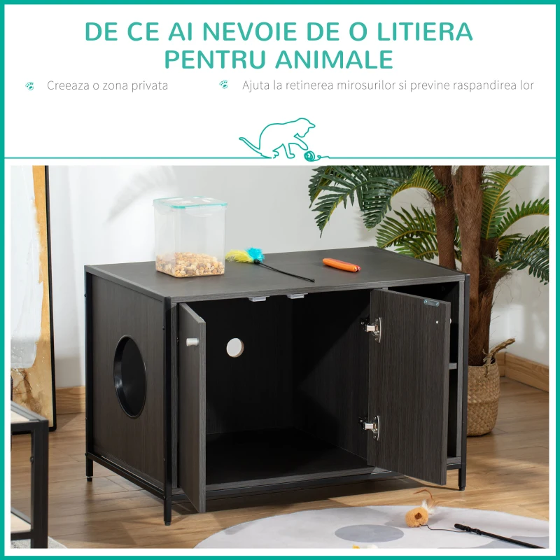 PawHut Dulap pentru Litiera Pisici cu Raft si 2 Usi magnetice, din lemn si otel, 83x51x55cm