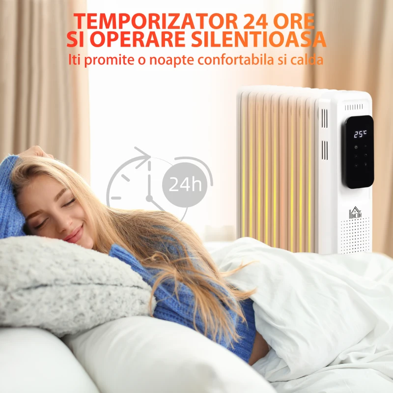 HOMCOM Radiator cu Ulei cu 9 Elementi, Temperatura Reglabila, 3 Nivele de Incalzire si Timer, 42.5x24x63cm - Alb