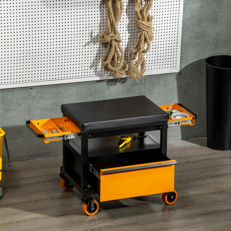 DURHAND Taburete Mecánico con Ruedas para Taller con Altura Ajustable 3 Cajones y Estante 46x36,5x45 cm Negro y Naranja