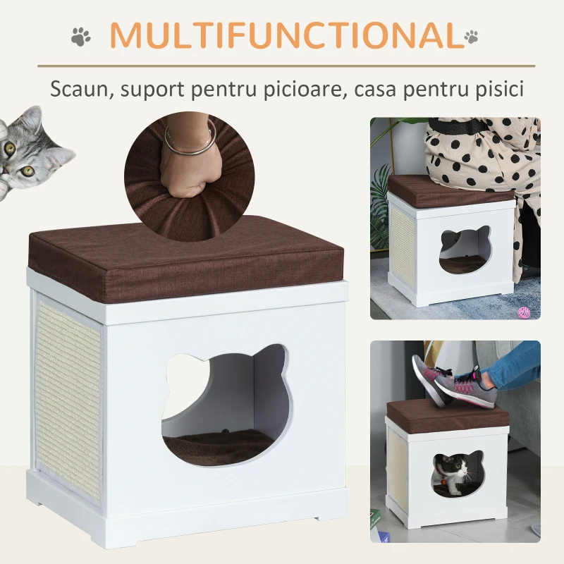 PawHut Culcus pentru Pisici din Lemn, cu 2 perne si Stalpi Detasabili, Alb