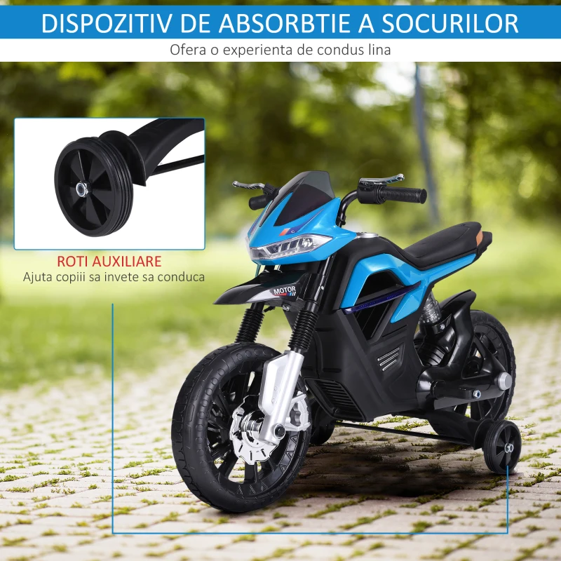 HOMCOM Motoreta Jucarie Suspensie Dubla Muzica si Lumini pentru Copii de la 3 la 8 ani Albastru Deschis(m-7)