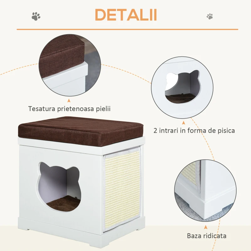 PawHut Culcus pentru Pisici din Lemn, cu 2 perne si Stalpi Detasabili, Alb