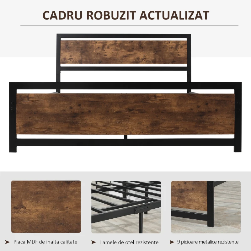 HOMCOM Cadru Pat de o persoana din Lemn si Otel cu Sipci in Stil Industrial, 140x200cm, Negru / Maro Rustic