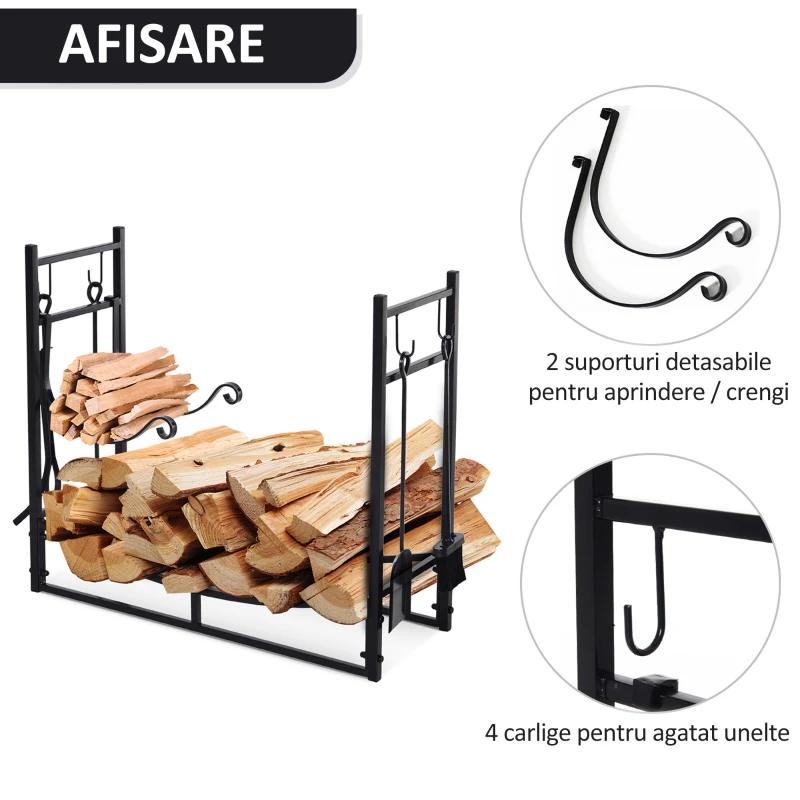 Outsunny Suport lemne de Interior si Exterior din Metal cu Accesorii pentru Semineu