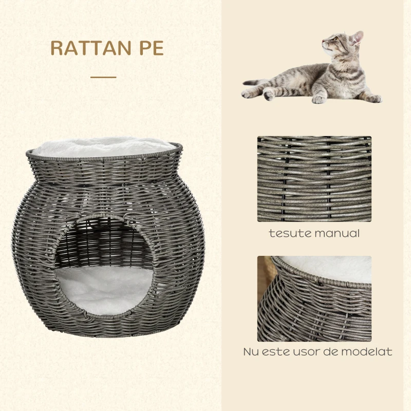 PawHut Cos pentru Pisici din rattan PE cu 2 Niveluri cu Perne de Plus Lavabile, Φ50x43.5cm - Gri Inchis