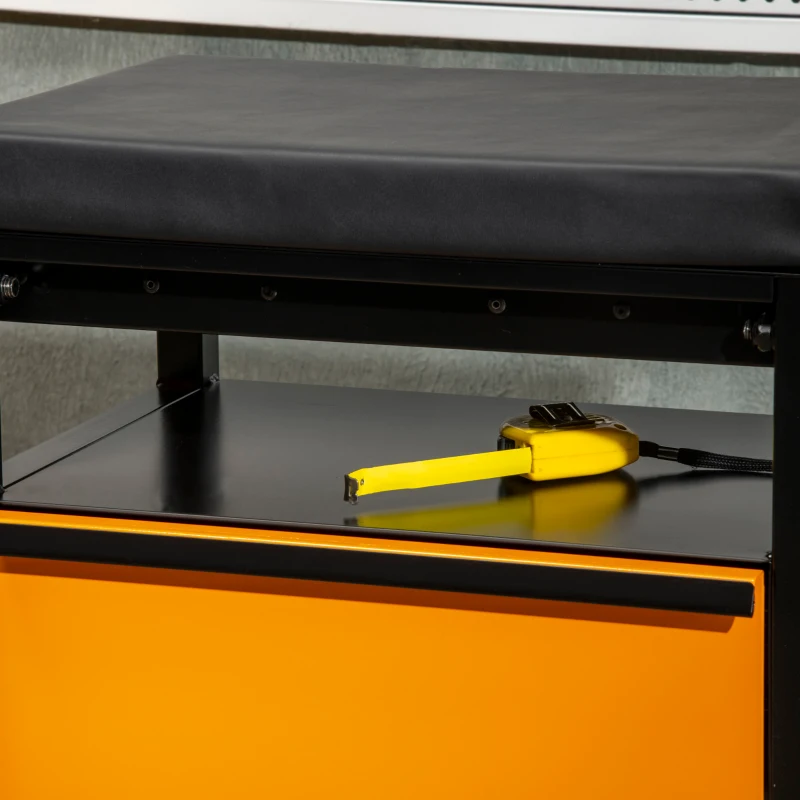DURHAND Taburete Mecánico con Ruedas para Taller con Altura Ajustable 3 Cajones y Estante 46x36,5x45 cm Negro y Naranja