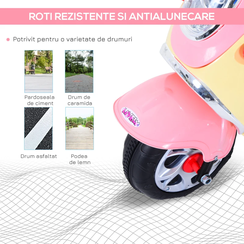 HOMCOM Motoreta Tricicleta Electrica pentru Fetite 6V cu Lumini si Muzica, Roz(m-7)