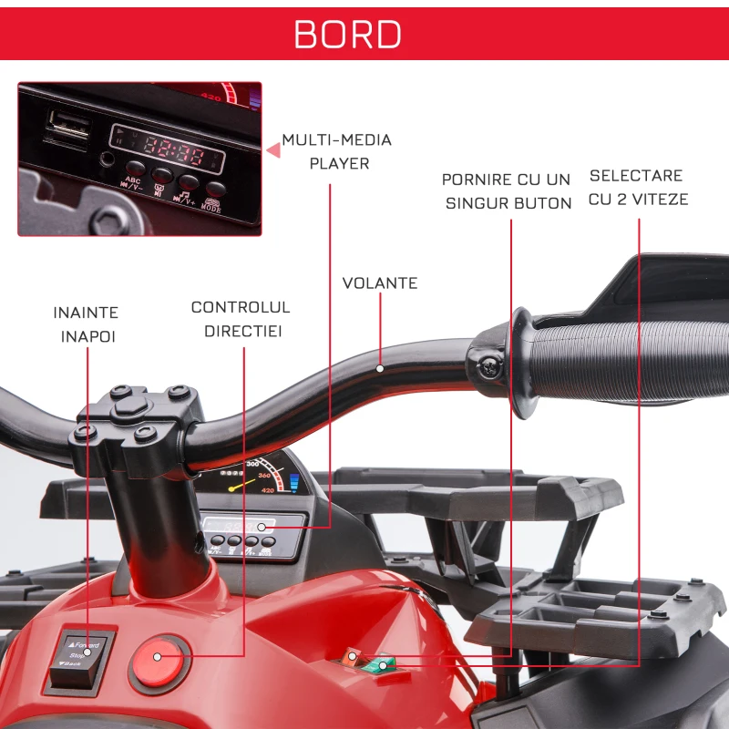 Homcom ATV Electric 12V pentru Copii – Rosu, cu Faruri & Pedale