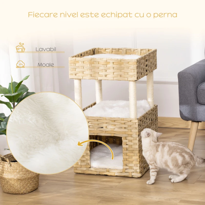 PawHut Casuta pentru Pisici din rattan PE cu 3 Niveluri cu Perne de Plus Lavabile, 40x40x70cm - Lemn