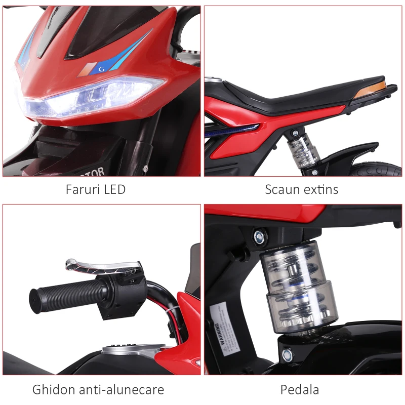 HOMCOM Motoreta Jucarie Suspensie Dubla Muzica si Lumini pentru Copii de la 3 la 6 ani Rosu(m-5)