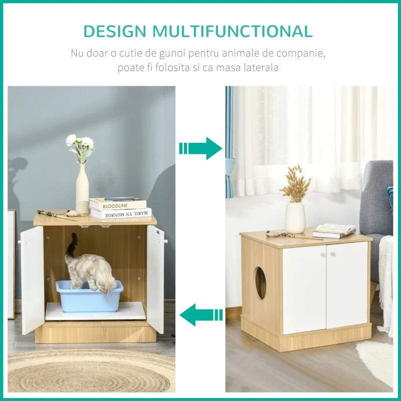 PawHut Mobilier Litiera pentru Pisici cu 2 Usi si Raft Extensibil din Lemn Alb