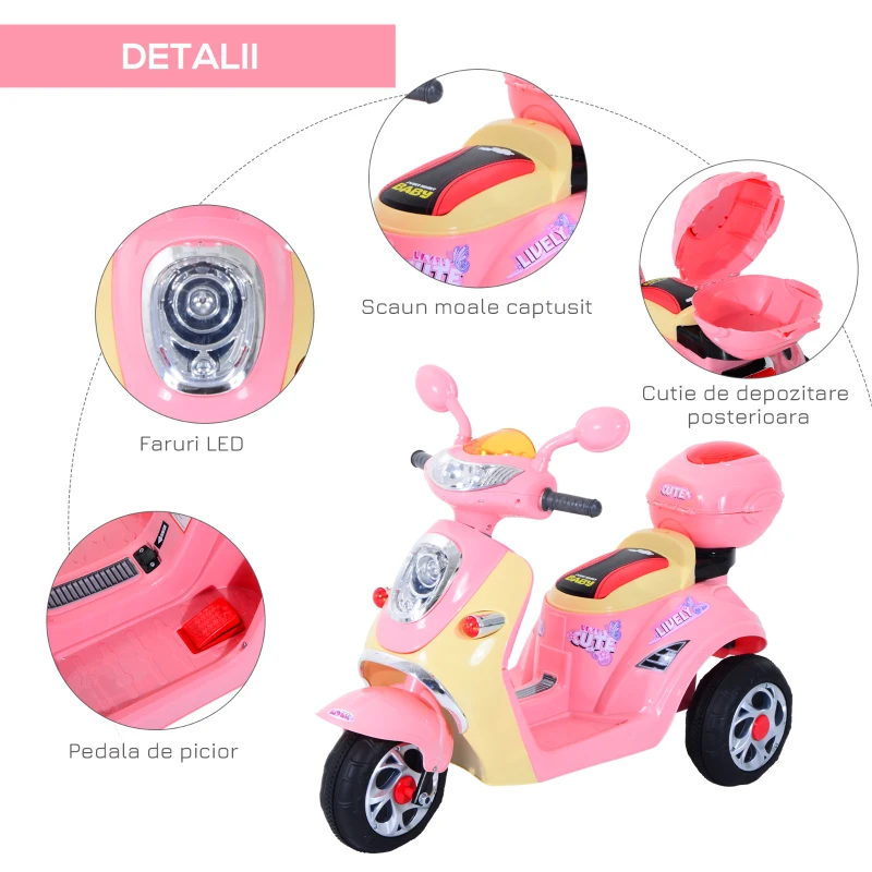 HOMCOM Motoreta Tricicleta Electrica pentru Fetite 6V cu Lumini si Muzica, Roz(m-6)