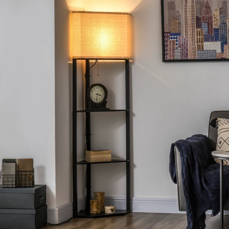 HOMCOM Corner Floor Lamp with Shelves, Modern Tall Standing Lamps for Living Room, Bedroom, with Chain Switch Bulb not Included, Black