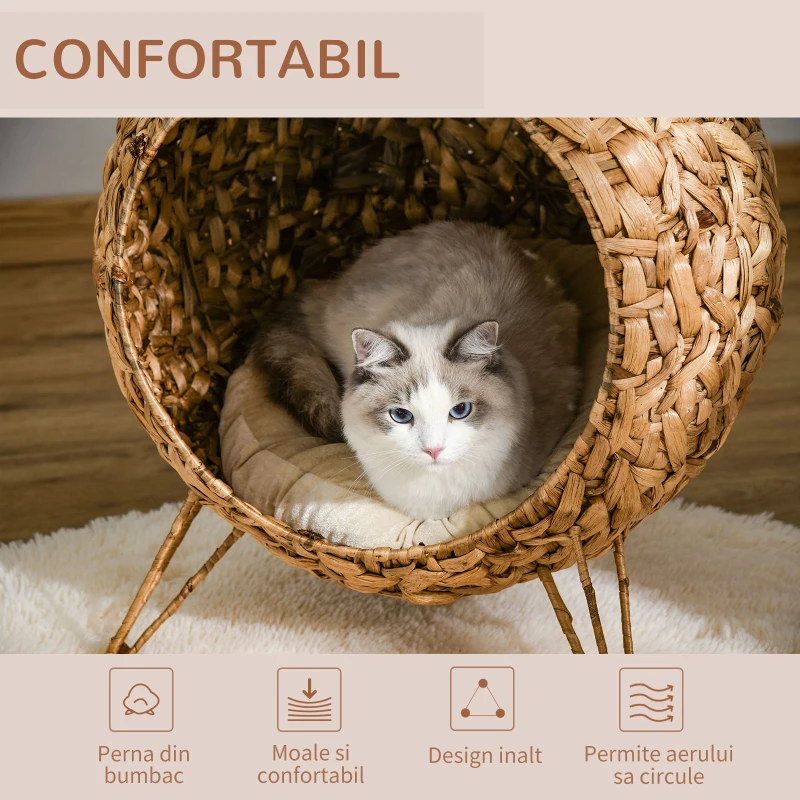 PawHut Cos pentru Pisici Pana la 5 kg Casuţa pentru Pisici din Ratan Maro Φ52x58cm