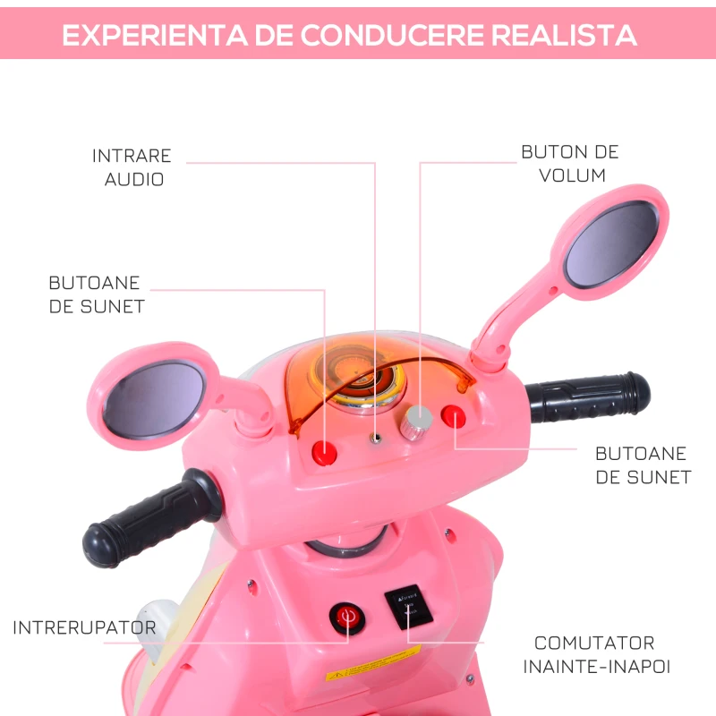 HOMCOM Motoreta Tricicleta Electrica pentru Fetite 6V cu Lumini si Muzica, Roz(m-4)