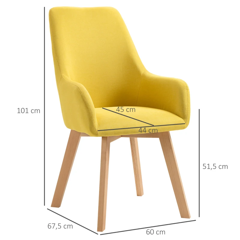 HOMCOM Conjunto de 2 Cadeiras de Sala de Jantar Estofada em Linho com Encosto Alto e Pés de Madeira de Borracha 60x67,5x101cm Amarelo