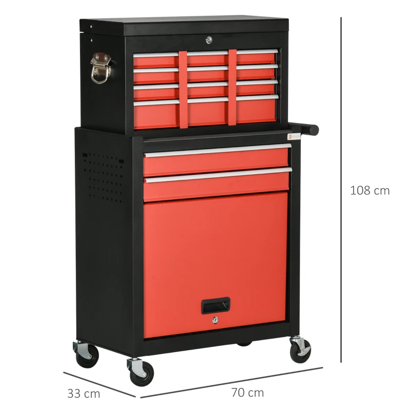 DURHAND Carro de Ferramentas com Rodas 6 Gavetas Armário de Armazenamento com Fechadura e Alça Lateral 70x33x108cm Preto e Vermelho
