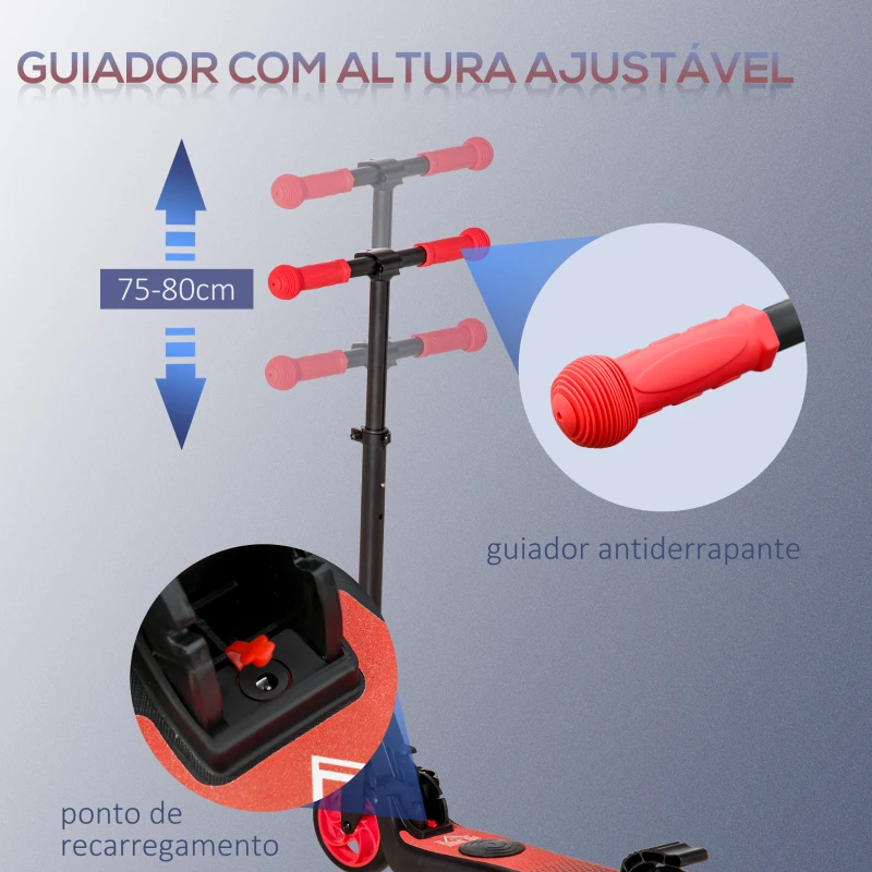 HOMCOM Trotinete Elétrica para Crianças acima de 6 Anos Trotinete Elétrica Dobrável com Altura Ajustável Bateria 24V Velocidade Máxima 8km/h Carga Máxima 50kg 71x36,5x75-80cm Vermelho