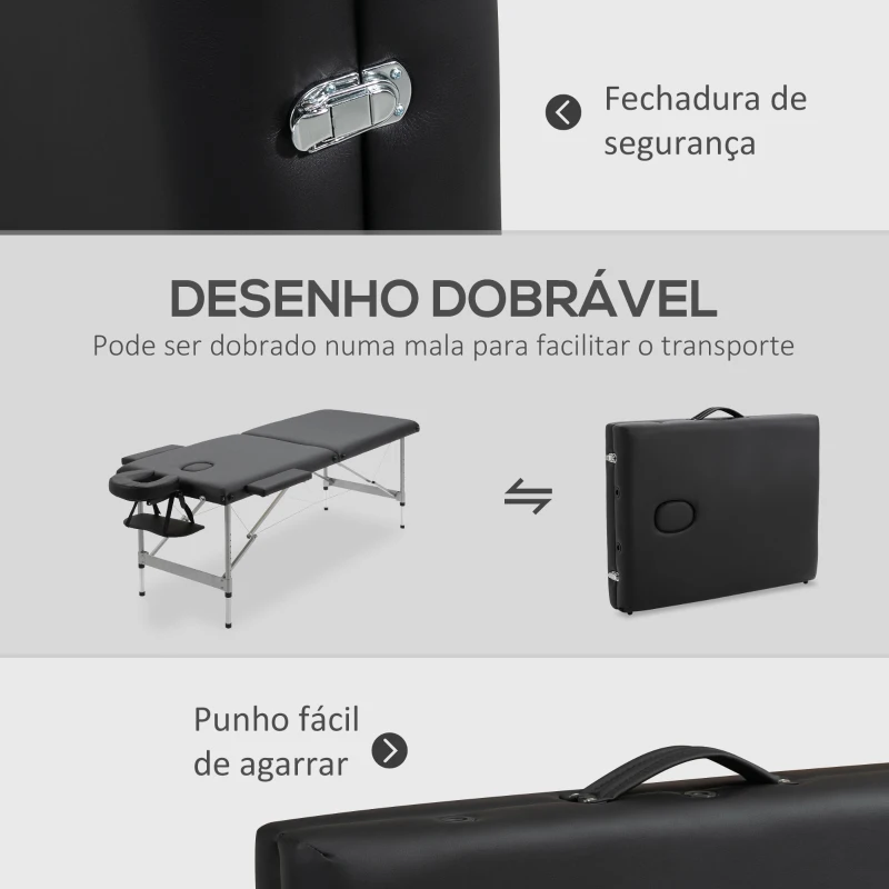 HOMCOM Marquesa Dobrável Mesa de Massagem Portátil com Altura Ajustável em 7 Posições 186x71x62-83cm Preto