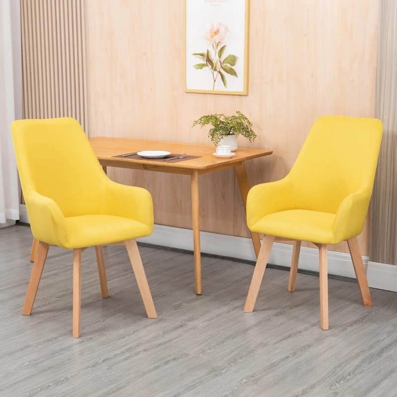 HOMCOM Conjunto de 2 Cadeiras de Sala de Jantar Estofada em Linho com Encosto Alto e Pés de Madeira de Borracha 60x67,5x101cm Amarelo
