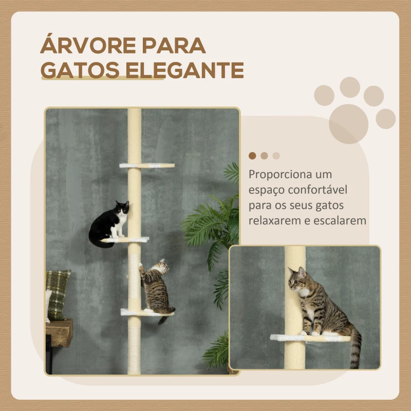 PawHut Árvore para Gatos do Chão ao Teto com Altura Ajustável 3 Plataformas Poste de Sisal e Bola para Brincar 47x34x220-260cm Creme