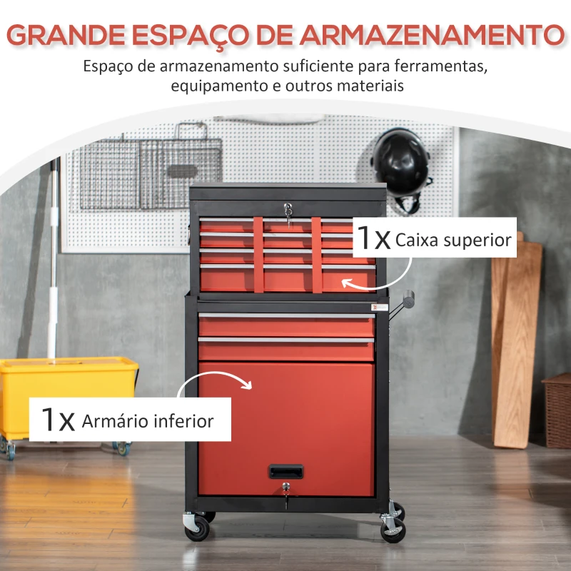 DURHAND Carro de Ferramentas com Rodas 6 Gavetas Armário de Armazenamento com Fechadura e Alça Lateral 70x33x108cm Preto e Vermelho