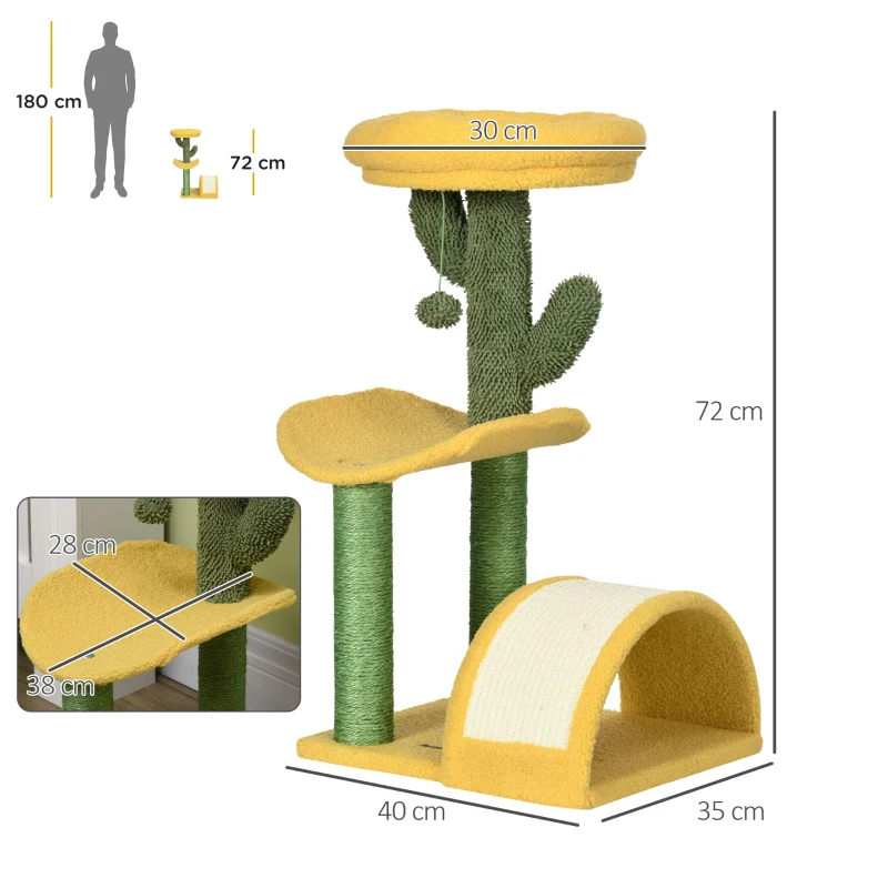 PawHut Árvore Arranhador para Gatos Centro de Atividades com Cama Poste de Sisal e Bolsa Suspensa 40x35x72cm Amarelo e Verde