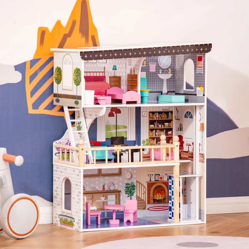 HOMCOM Casa din Lemn pentru Papusi cu 3 Etaje cu Ascensor, cu Scari si 13 Accesorii pentru Copii de 3-6 Ani, 60x30x80cm - Roz