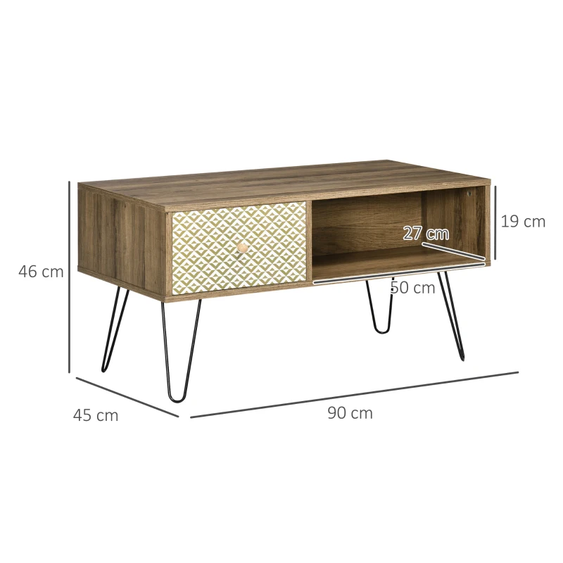 HOMCOM Mesa de Centro Estilo Boho com Gaveta Compartimentos de Armazenamento e Pés de Metal Elevados 60x45x46cm Madeira