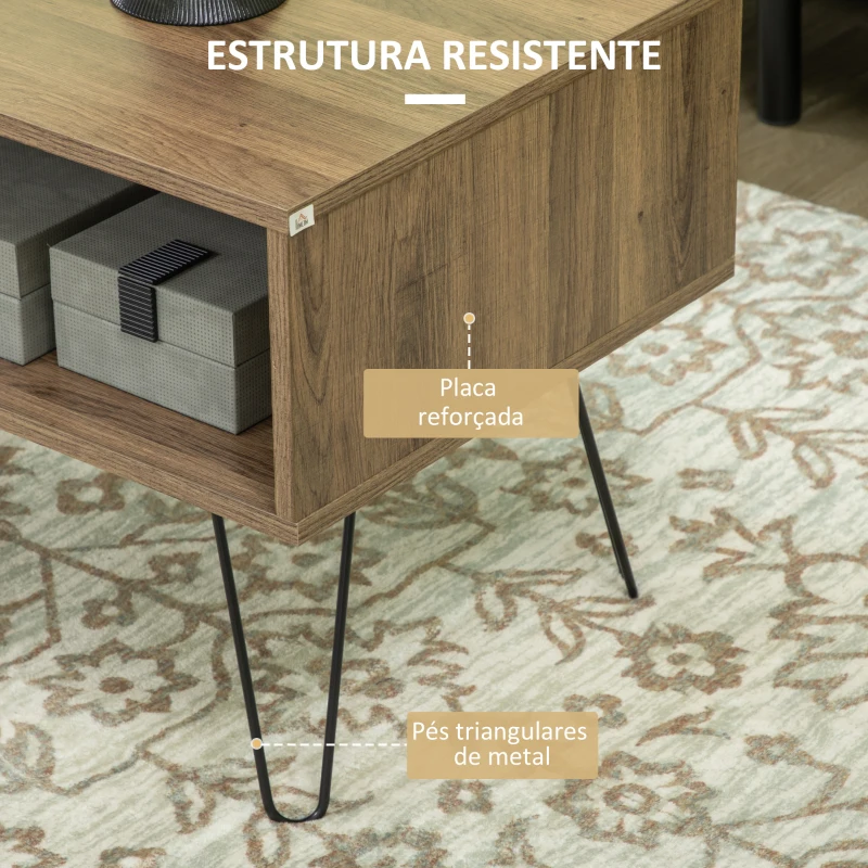 HOMCOM Mesa de Centro Estilo Boho com Gaveta Compartimentos de Armazenamento e Pés de Metal Elevados 60x45x46cm Madeira