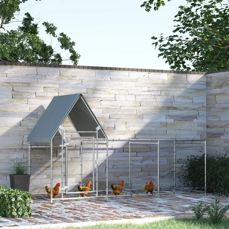 Gard pentru Gaini PawHut din Otel Galvanizat cu Prelata de Protectie din Tesatura Oxford, Argintiu, 302x107x172cm(m-10)