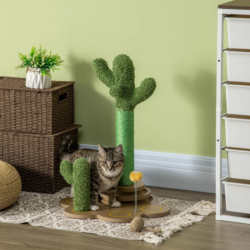 PawHut Árvore Arranhador para Gatos Pequenos com Postes de Cacto Torre para Gatos de Chenille com Brinquedos 46x43x60cm Verde