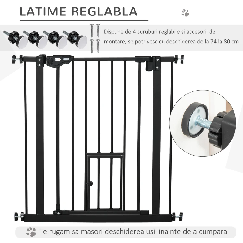 PawHut Portita pentru Caini cu Fixare prin Apasare, Extensibila de 74-80 cm cu Inchidere Automata, Neagra