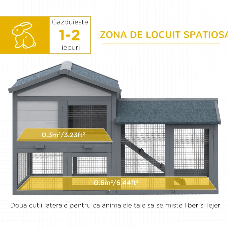 PawHut cusca pentru iepuri, cu tarc, 147x54x84 cm, gri(m-5)