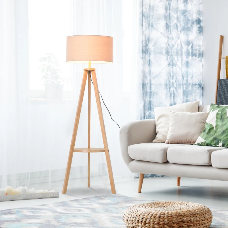 HOMCOM Mid Century Floor Lamp, Free Standing Bedside Light Tripod Holder Storage Shelf Linen Shade