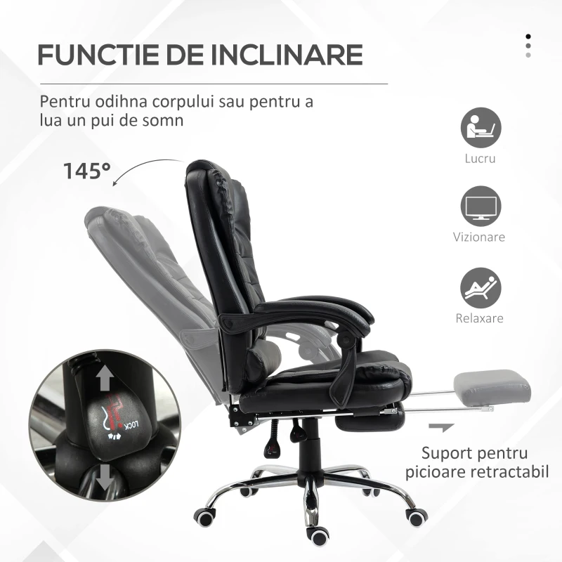 HomCom Scaun pentru Birou Reglabil Fotoliu Rotativ cu Taburet Extraibil, Negru