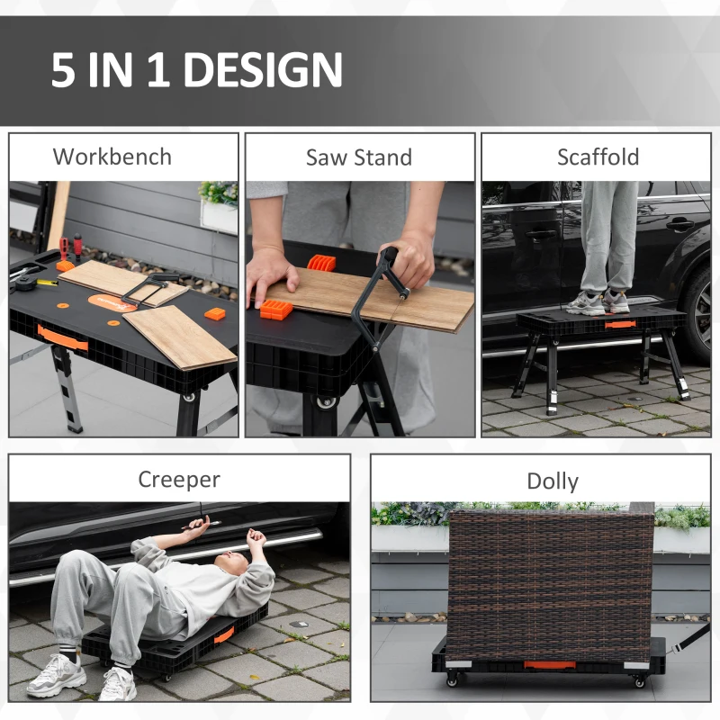 DURHAND 5 In 1 Multi-function Folding Workbench, Adjustable Work Bench, Sawhorse, Dolly, Creeper with Wheels, Printed Scale and Angle for Home, Garage, Black