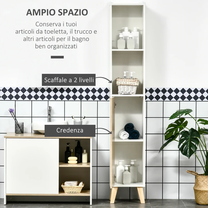kleankin Colonna Bagno in Legno con 2 Mensole e Armadietto, Mobiletto Multiuso 31x30x177 cm
