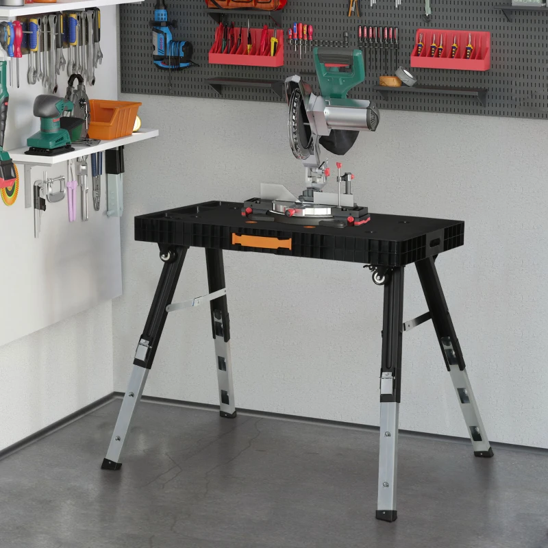 DURHAND 5 In 1 Multi-function Folding Workbench, Adjustable Work Bench, Sawhorse, Dolly, Creeper with Wheels, Printed Scale and Angle for Home, Garage, Black