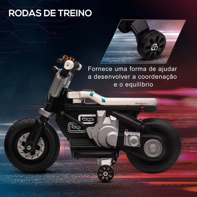 HOMCOM Mota Elétrica Infantil 6V com Farol Música Buzina Velocidade 3km/h Avance e Retrocesso 86x44x58cm Preto e Branco