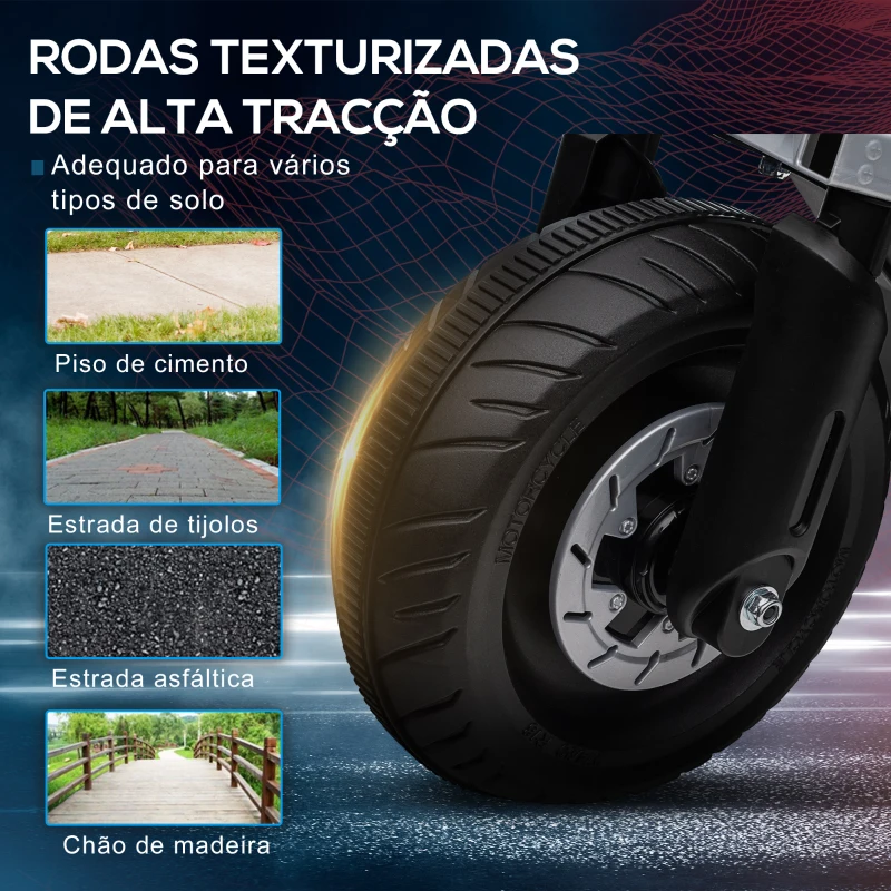 HOMCOM Mota Elétrica Infantil 6V com Farol Música Buzina Velocidade 3km/h Avance e Retrocesso 86x44x58cm Preto e Branco