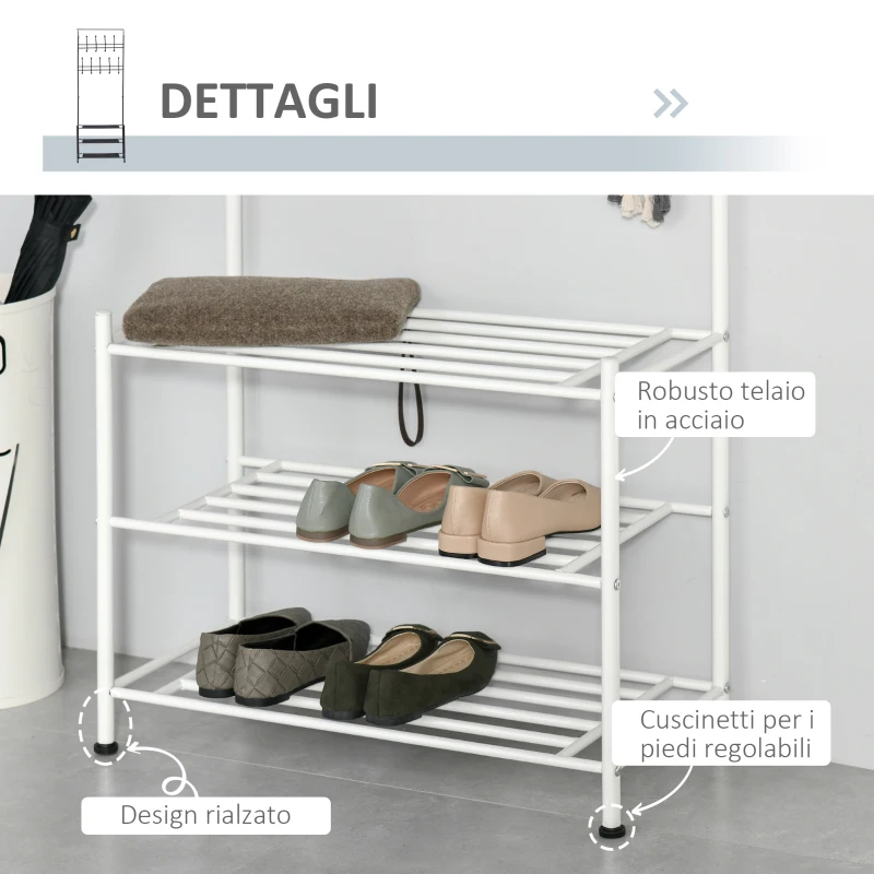 HOMCOM Stand Appendiabiti Attaccapanni con Scarpiera 3 Ripiani 18 Ganci per Ingresso Altezza 185cm Bianco