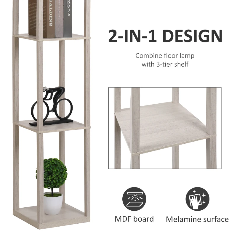 HOMCOM 3-Tier Floor Lamp, Floor Light with Storage Shelf, Reading Standing Lamp for Living Room, Bedroom, Kitchen, Dining Room, Office, Dorm, 160cm, Oak