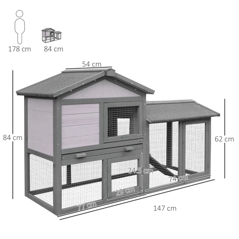 PawHut cusca pentru iepuri, cu tarc, 147x54x84 cm, gri(m-3)