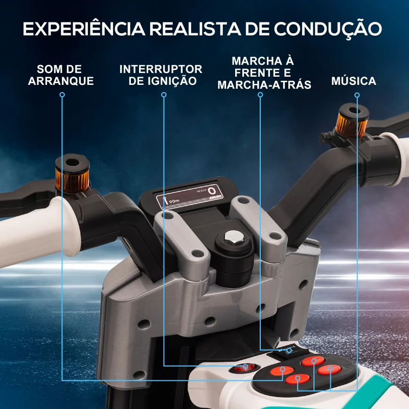 HOMCOM Mota Elétrica Infantil 6V com Farol Música Buzina Velocidade 3km/h Avance e Retrocesso 86x44x58cm Preto e Branco