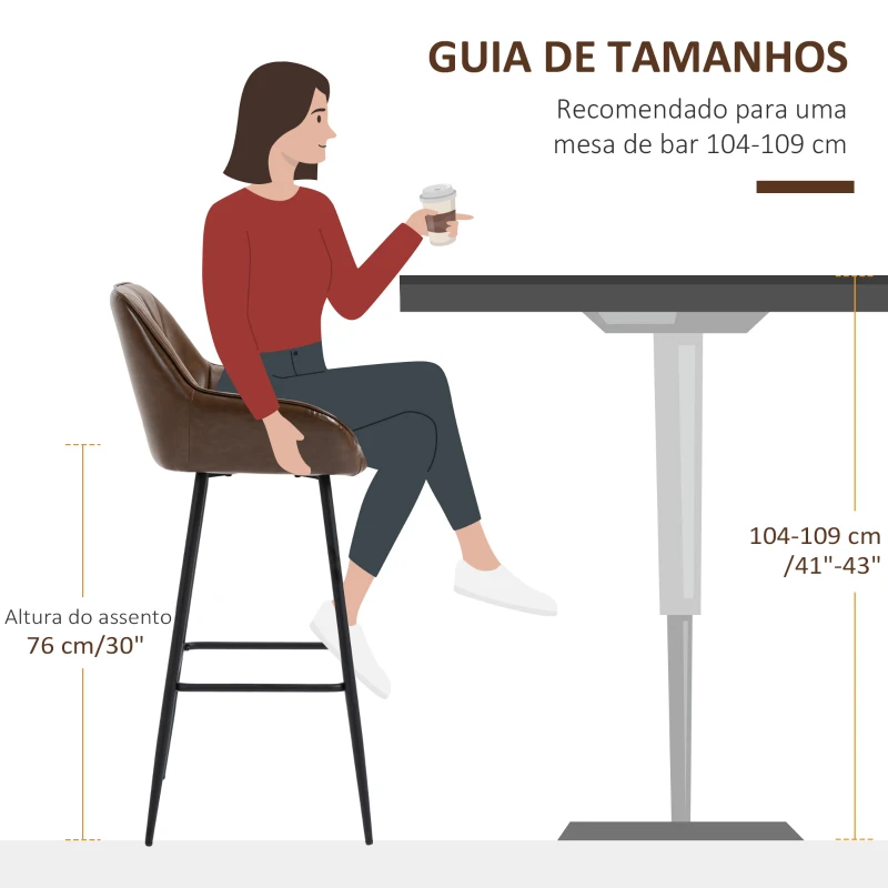 HOMCOM Conjunto de 2 Bancos Altos Estofados em PU com Encosto Alto Pés de Aço e Apoio para os Pés 50x47,5x102,5cm Marrom