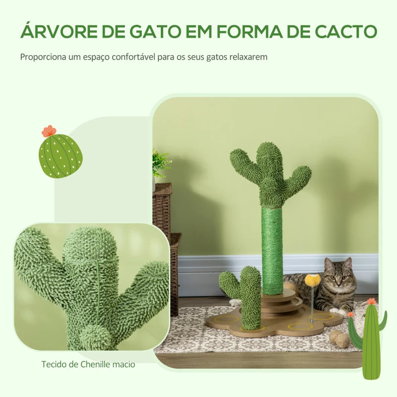 PawHut Árvore Arranhador para Gatos Pequenos com Postes de Cacto Torre para Gatos de Chenille com Brinquedos 46x43x60cm Verde