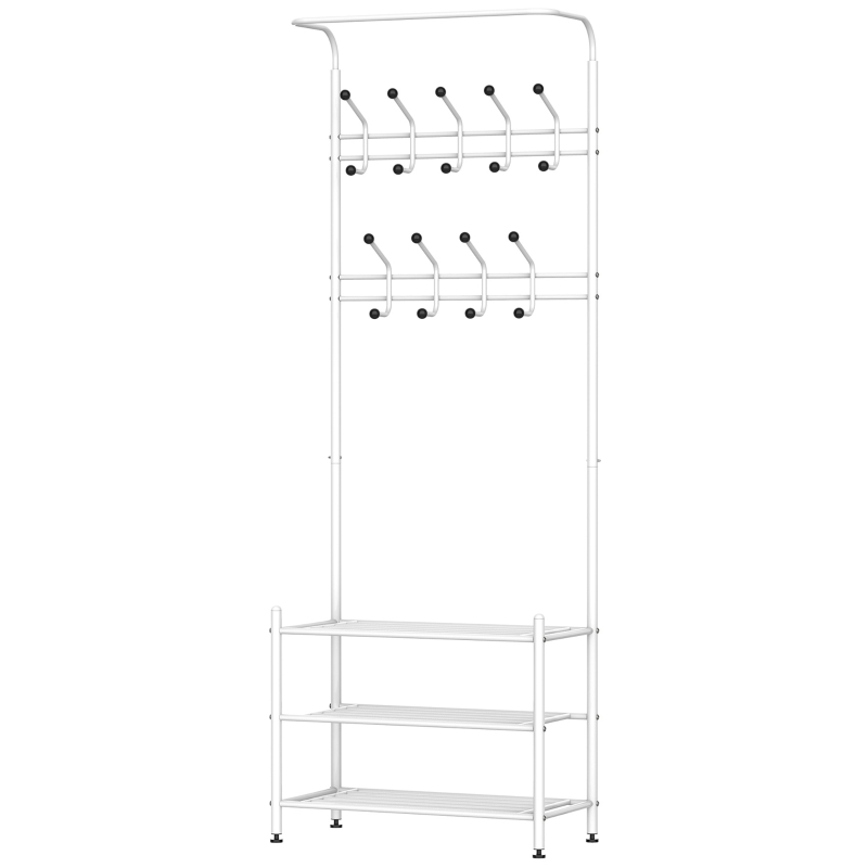HOMCOM Stand Appendiabiti Attaccapanni con Scarpiera 3 Ripiani 18 Ganci per Ingresso Altezza 185cm Bianco