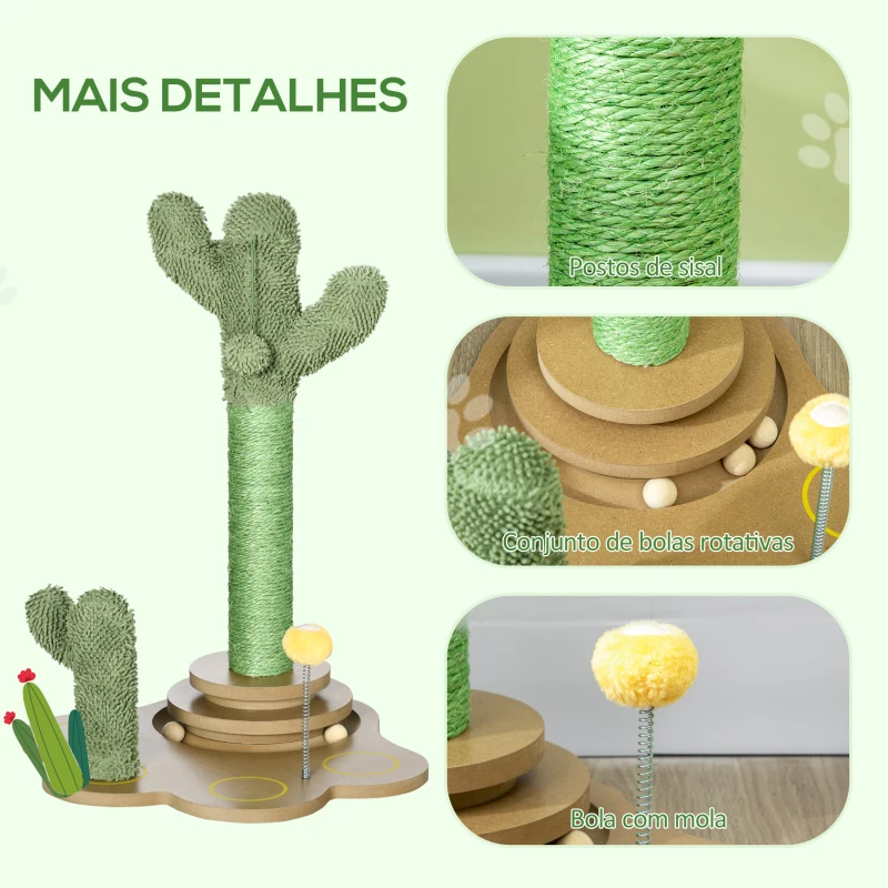 PawHut Árvore Arranhador para Gatos Pequenos com Postes de Cacto Torre para Gatos de Chenille com Brinquedos 46x43x60cm Verde