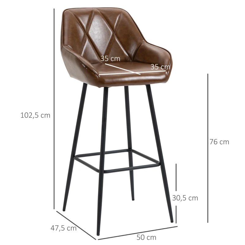 HOMCOM Conjunto de 2 Bancos Altos Estofados em PU com Encosto Alto Pés de Aço e Apoio para os Pés 50x47,5x102,5cm Marrom